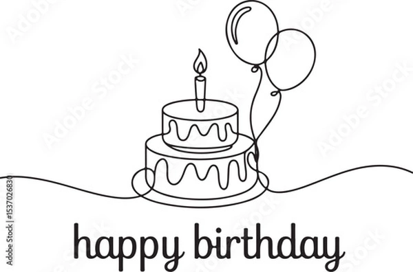 Fototapeta continuous single line drawing of birthday cake with candle and balloons in black line art on white background