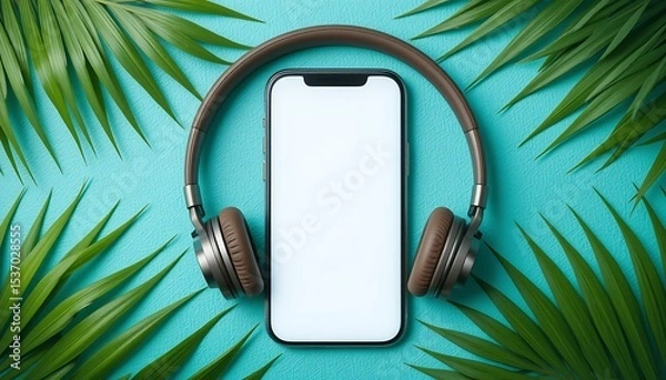 Fototapeta Summer vibes smartphone and headphones with palm leaves
