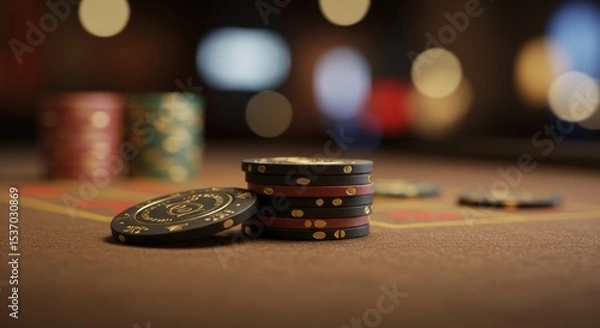 Fototapeta Close-up of casino chips on a gaming table symbolizing risk and reward