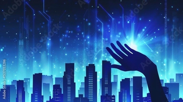 Fototapeta Silhouette of a hand reaching up towards the sky ,vector illustration of a hand on a building for a business background design. 