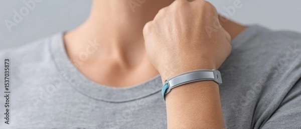 Obraz A close-up of a person wearing a gray fitness tracker on their wrist, with a gray shirt and neutral background.