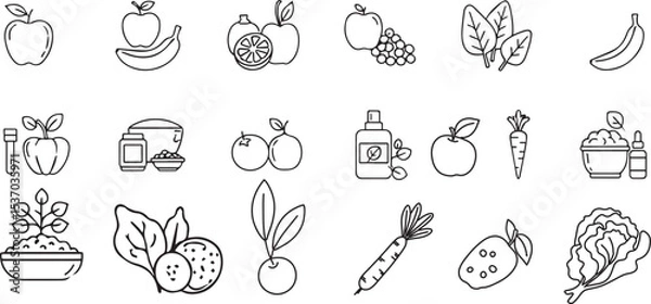 Fototapeta set of flowers, fruits, vegatables, bowl and leaves