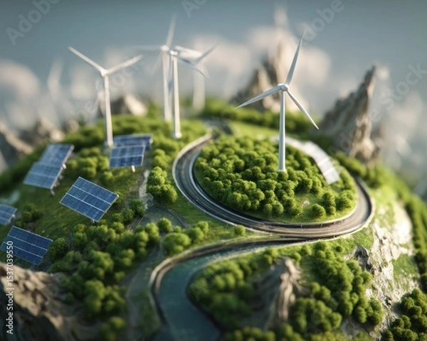 Fototapeta Sustainable planet model with renewable energy sources