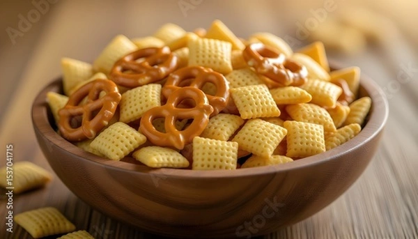 Fototapeta Homemade Flavored Cracker Snack Mix with Pretzels and Cereal