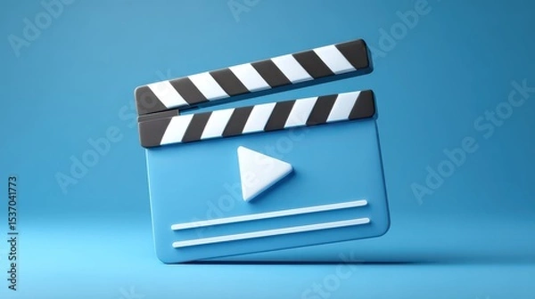 Fototapeta Stylized 3d render of a blue clapperboard with play button icon