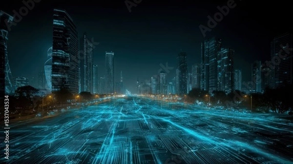 Fototapeta Futuristic city at night with digital circuit patterns