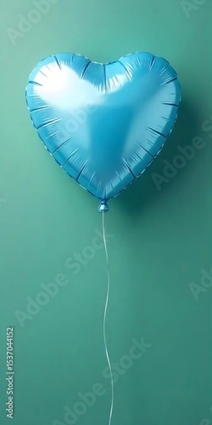 Fototapeta Blue heart shaped balloon floats against a teal background tethered by a slender white string