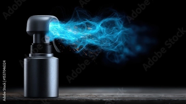Obraz Fuel energy spray concept. Metallic object emitting blue vapor against a dark background, creating an intriguing visual effect.