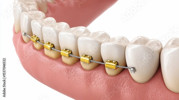 Obraz Close-up of lower teeth with gold-colored braces attached, demonstrating orthodontic dental treatment for teeth alignment.