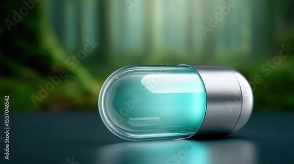 Fototapeta A futuristic capsule with a sleek metal cap containing a glowing blue substance, set against a blurred natural background.