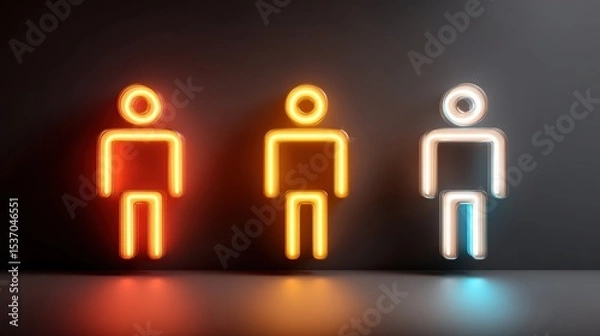 Fototapeta Gender equity awareness concept. Neon figures in red, yellow, and blue glowing against a dark background, representing different human shapes or symbols.