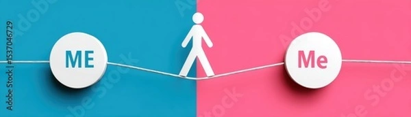 Fototapeta Gender equity awareness concept. A figure balances on a line between two circles labeled "ME" and "Me," symbolizing self-reflection and duality in identity.