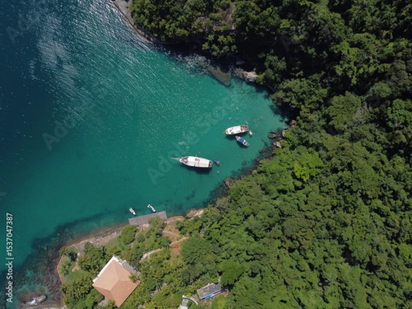 Fototapeta A stunning drone view of Paraty Bay with Ilha dos Cocos, crystal-clear waters, lush islands, and vibrant summer vibes.