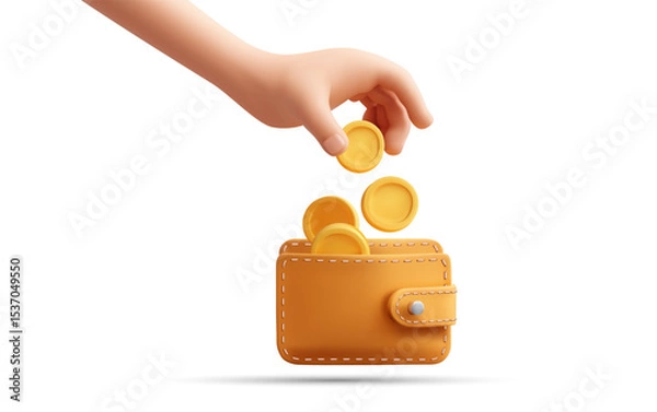 Obraz 3D vector illustration of human hand dropping gold coins into stitched leather wallet, symbolizing savings, budget planning, income management, cash deposit, personal finance, isolated on white.