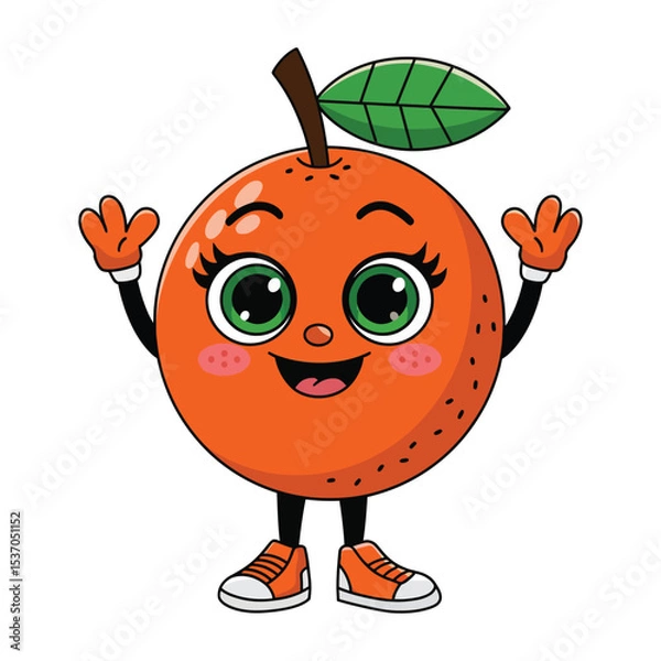 Obraz A cute, anthropomorphic orange character with large, expressive green eyes, rosy cheeks, and a cheerful smile.