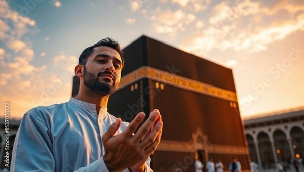 Fototapeta Devout Muslim praying with open hands facing the Kaaba at sunset.