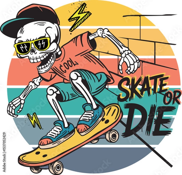 Fototapeta Cartoon bright typography print  with skeletons on skateboard. for T-shirts, textiles, clothes, web , and more
