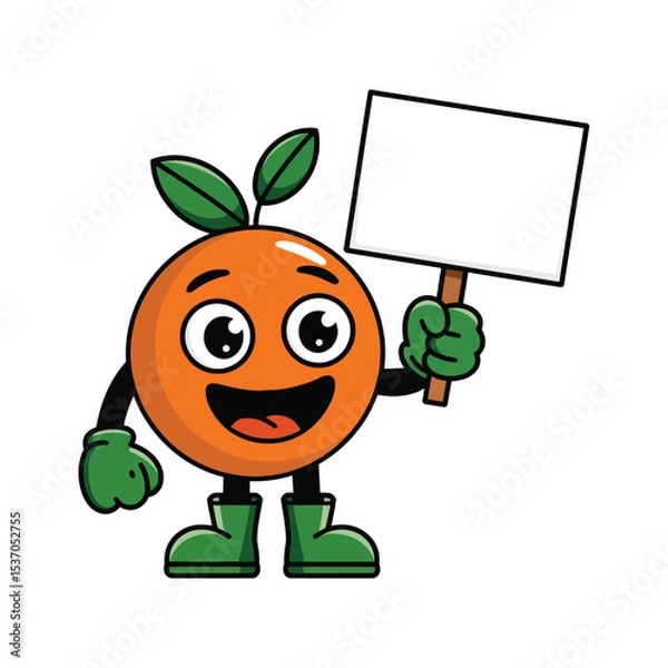 Obraz A happy, cartoon orange character with big, expressive eyes, a smiling mouth, and green gloves and boots.
and is holding a blank white sign with one hand while giving a thumbs-up with the other.