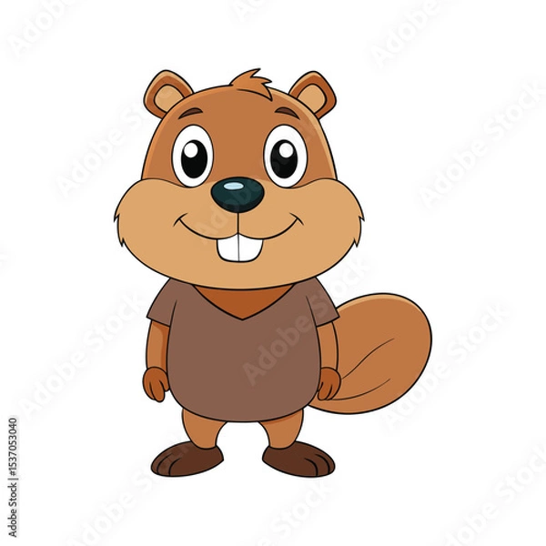 Obraz Happy Brown Beaver Cartoon Character Wearing Brown Shirt Vector Illustration Isolated on White Background