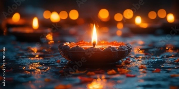 Obraz Burning Oil Lamp with Flame on Wet Surface Surrounded by Flower Petals