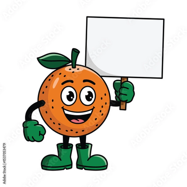 Obraz Create a cartoon illustration of a cheerful orange fruit character with big, expressive eyes and a wide smile. The orange has green gloves, green boots, and a green leaf stem on top of its head.