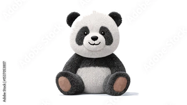 Fototapeta A full shot of a plush panda toy sitting against a plain white background.  The panda is predominantly white with black markings around its eyes, ears and body. It has a simplified, cartoonish