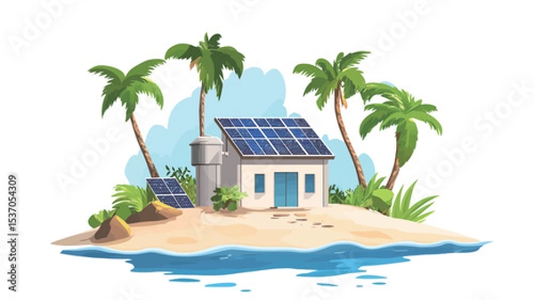 Fototapeta A digital illustration depicting a small, white house situated on a tropical island. The house features solar panels on its roof and a smaller solar panel near a water tower.