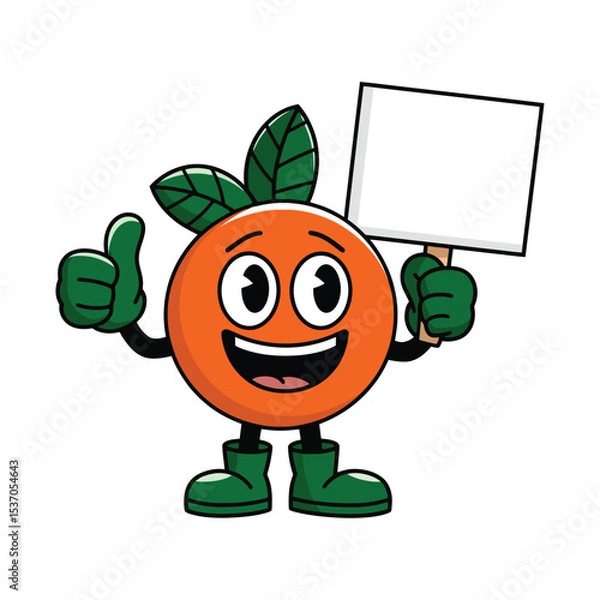 Obraz Create a cartoon illustration of a cheerful orange fruit character with big, expressive eyes and a wide smile. The orange has green gloves, green boots, and a green leaf stem on top of its head.