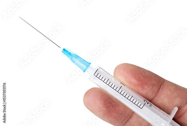 Obraz Syringe in hand,closeup. Isolated on transparent background.