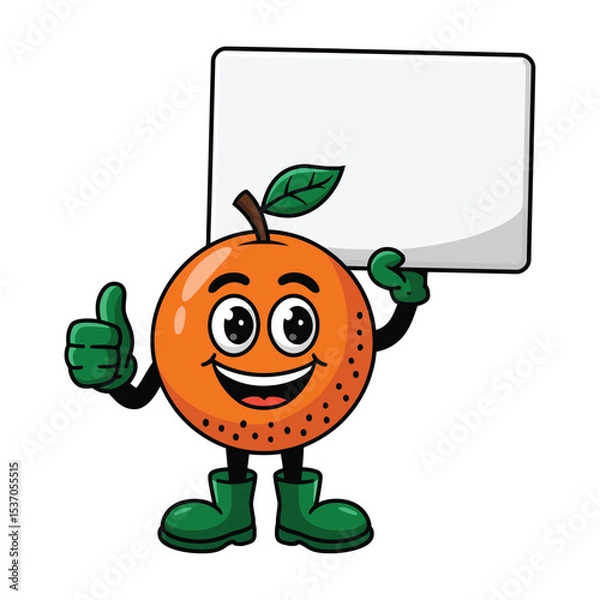 Obraz Create a cartoon illustration of a cheerful orange fruit character with big, expressive eyes and a wide smile. The orange has green gloves, green boots, and a green leaf stem on top of its head.