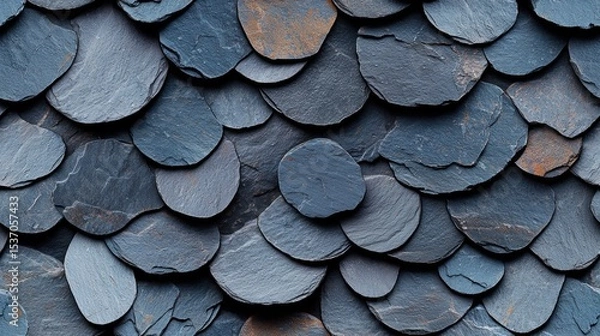 Fototapeta Blue Roof with Leaves in Evenly Spaced Slate Texture Pattern