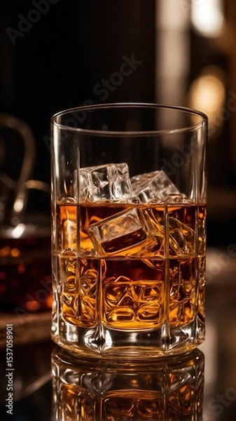 Fototapeta Elegant Whiskey Glass with Ice on Reflective Surface and Warm Background