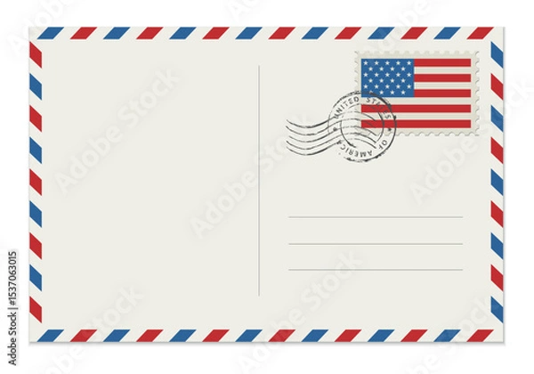 Fototapeta Blank post card with rubber stamp. Mockup realistic post card  and postage stamp with USA flag.