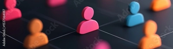 Fototapeta A pink figure stands out among orange and blue human icons connected by a network, symbolizing uniqueness and social connectivity.