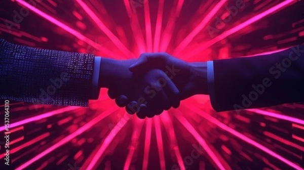 Fototapeta Two people shaking hands in a dark setting with a vibrant red light burst background, symbolizing agreement, partnership, or collaboration.