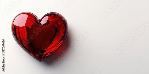Fototapeta Bright red heart shape glass decoration reflecting light on a white background in a minimalist setting