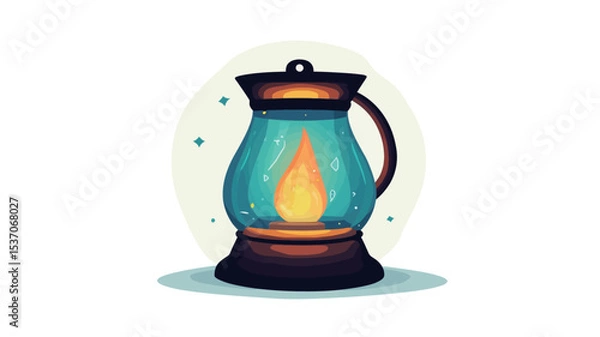 Fototapeta A digital illustration of a lantern. The lantern is teal/blue in color with a dark brown/black base and handle.  It features a stylized flame inside, emitting a warm glow.  The background is white
