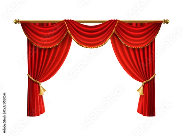 Obraz Realistic vector icon illustration Movie cinema or opera hall Red velvet curtain prapery with
