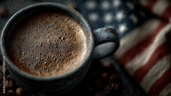 Fototapeta Rich coffee in a textured mug surrounded by coffee beans and an American flag on a dark surface