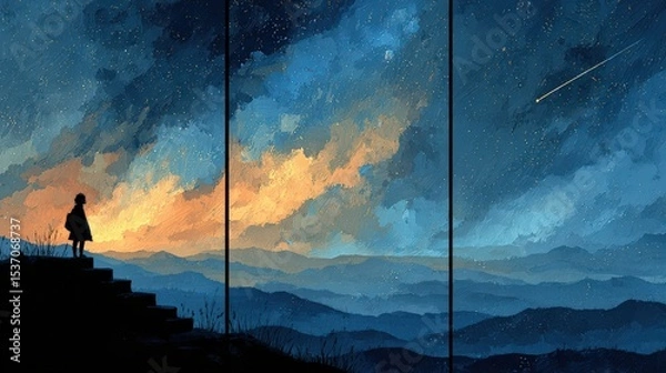 Fototapeta Starlit Desert Landscape with Meteor Shower Silhouette, Night Sky Illustration and Digital Art, Copy Space