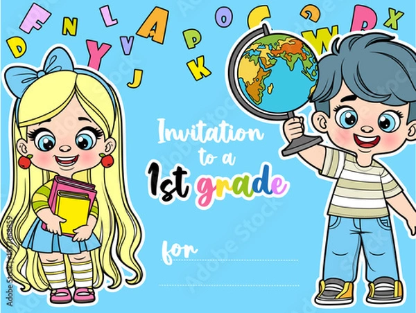 Obraz Invitations for a child in 1st grade of elementary school on blue background