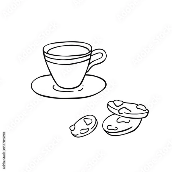 Fototapeta A cup of tea, coffee on a small plate and chocolate-chip cookie hand-drawn vector illustration. Minimalist drawing isolated on white background.