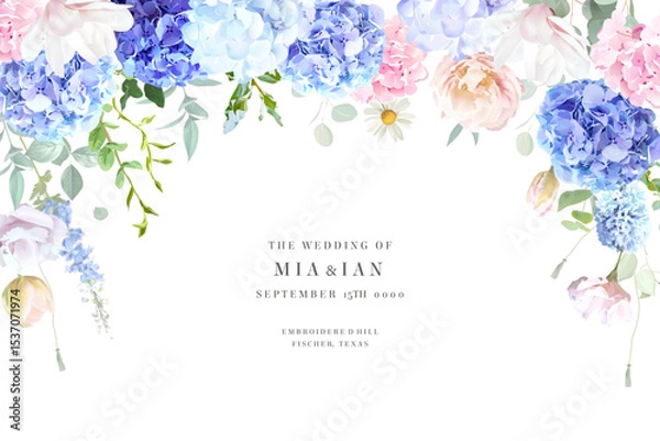 Fototapeta Bridgerton inspired pastel floral vector design frame. Blue delphinium, hydrangea, white magnolia, tulips, rose, hyacinth, greenery and plants card. All flowers and branches are isolated and movable
