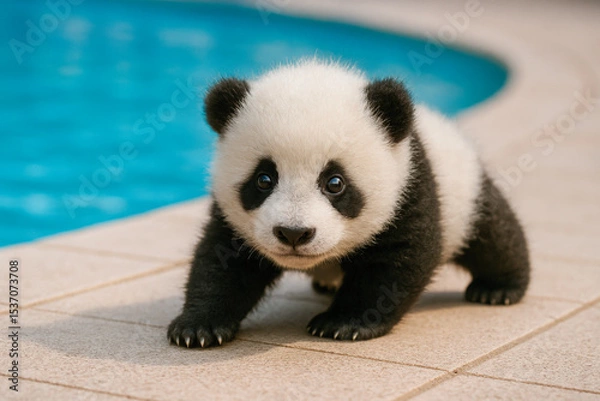 Fototapeta Adorable panda cub walking on tiled ground beside a clear blue swimming pool, looking curious and playful in a sunny setting.