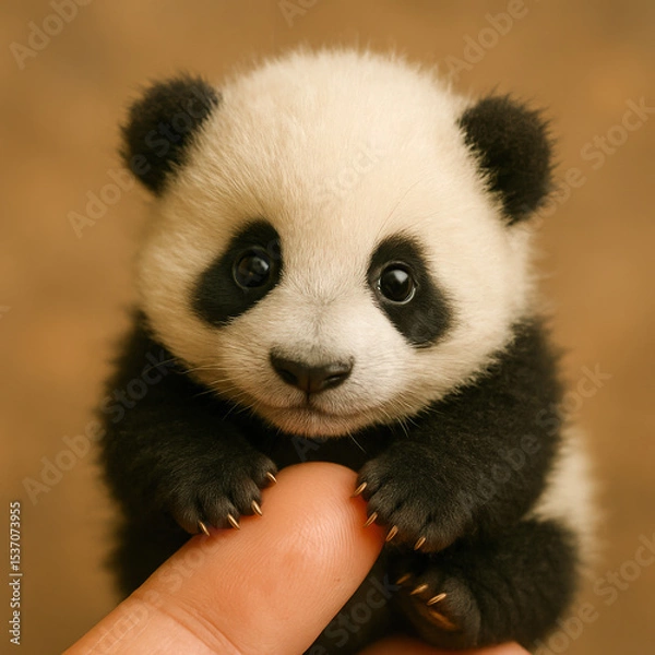 Fototapeta Tiny panda cub holding onto a person's finger, showcasing its innocence, soft fur, and expressive eyes against a warm background.