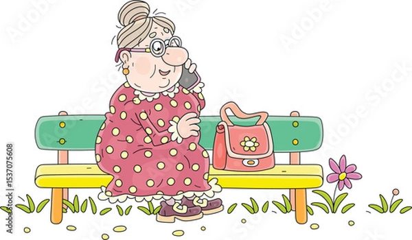 Obraz Funny granny in a spotted dress with her handbag sitting on a color bench in a summer park and friendly chatting on a phone, vector cartoon illustration isolated on white
