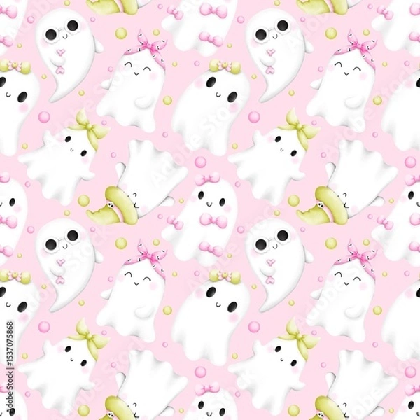 Obraz Kawaii Ghost Seamless Pattern. Cute Halloween Ghost Design.Adorable Pink Ghost Repeat.