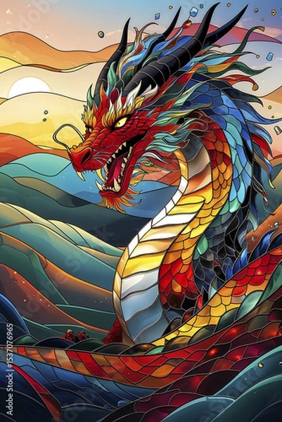 Fototapeta Colorful dragon soaring through vibrant mountains at sunset, showcasing intricate patterns and stunning hues in an artistic display