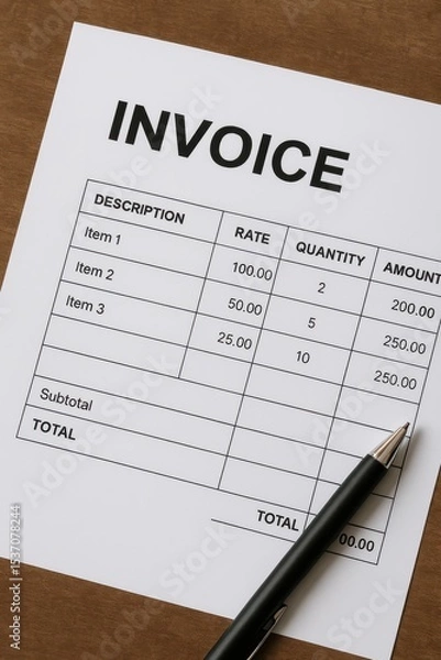 Fototapeta Invoice document with pen on wooden surface in close-up view. AI-generated.