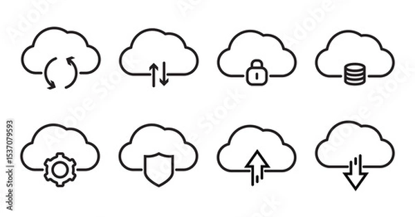 Fototapeta Set of vector solid icons related to cloud computing technology and web file storage. Symbols for website or app ui, logo design, illustration